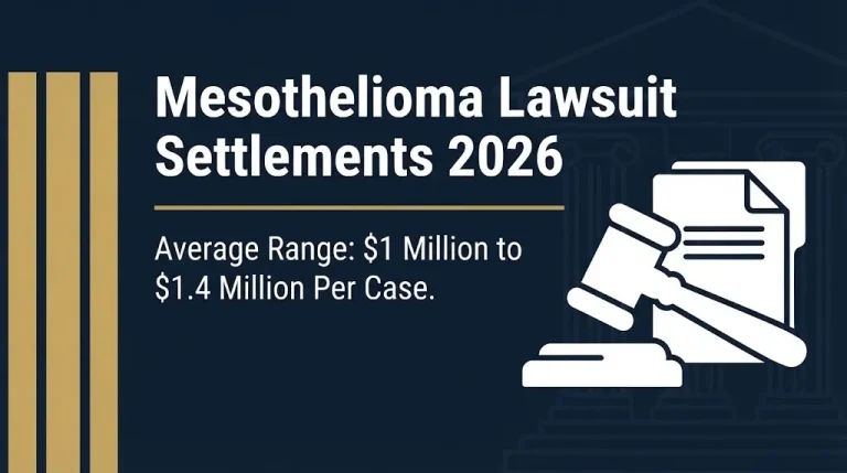 Mesothelioma lawsuit settlements 2026 banner showing average range of one million to one point four million dollars.
