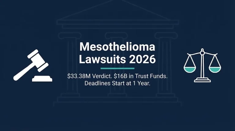 Mesothelioma lawsuits 2026 banner showing gavel and scales with $33M verdict and trust fund fact