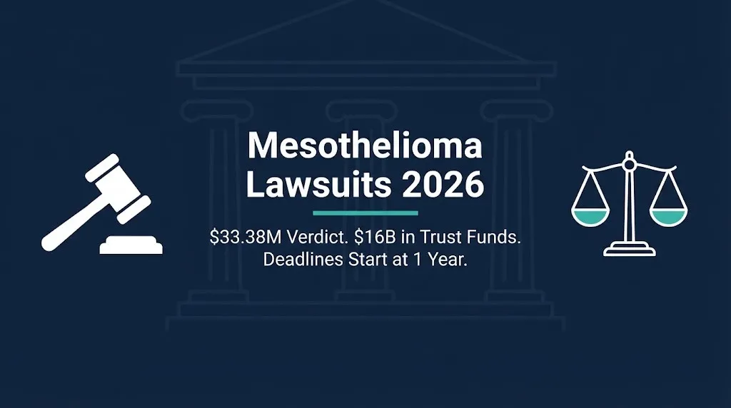 Mesothelioma lawsuits 2026 banner showing gavel and scales with $33M verdict and trust fund fact