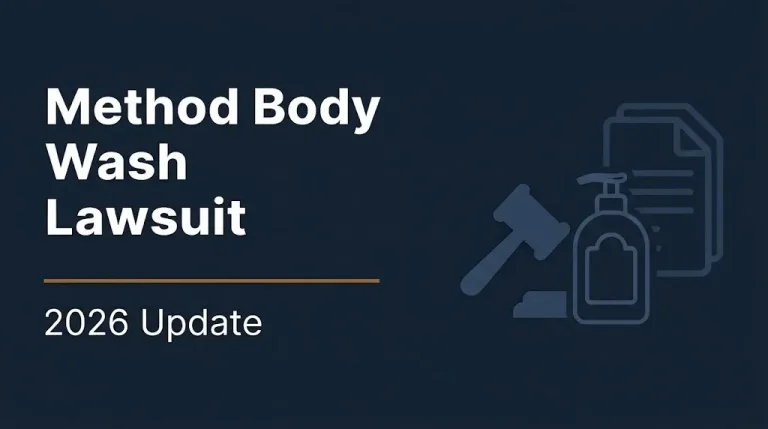 Method body wash lawsuit 2026 update banner with gavel and soap bottle illustration on navy background
