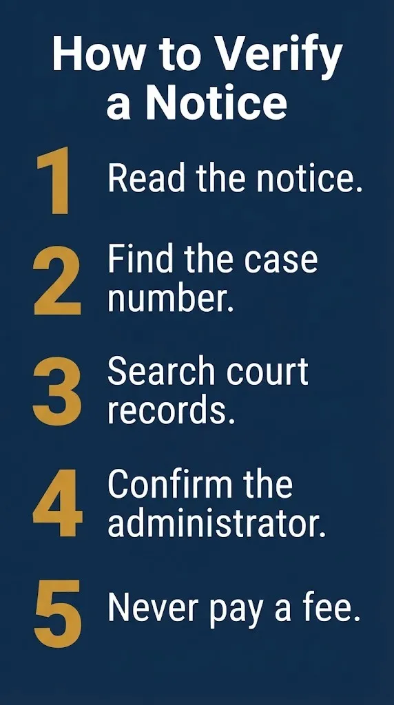 Method body wash lawsuit notice verification steps with five actions on navy infographic