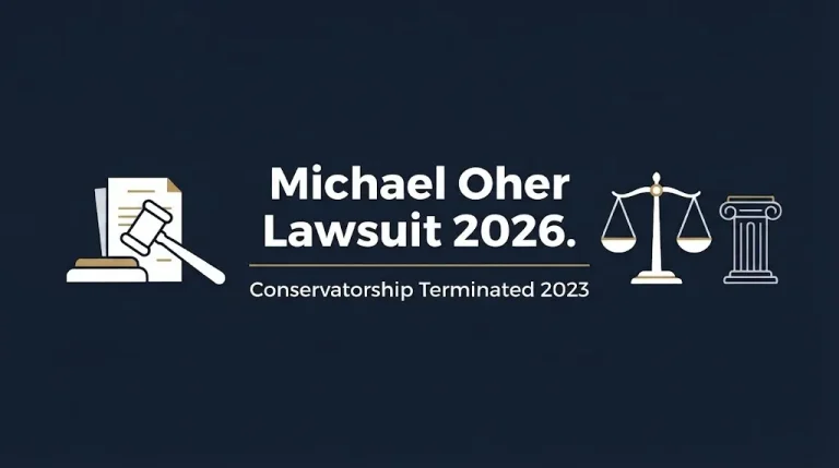 Michael Oher lawsuit 2026 hero banner with conservatorship terminated fact and legal symbols on navy background.