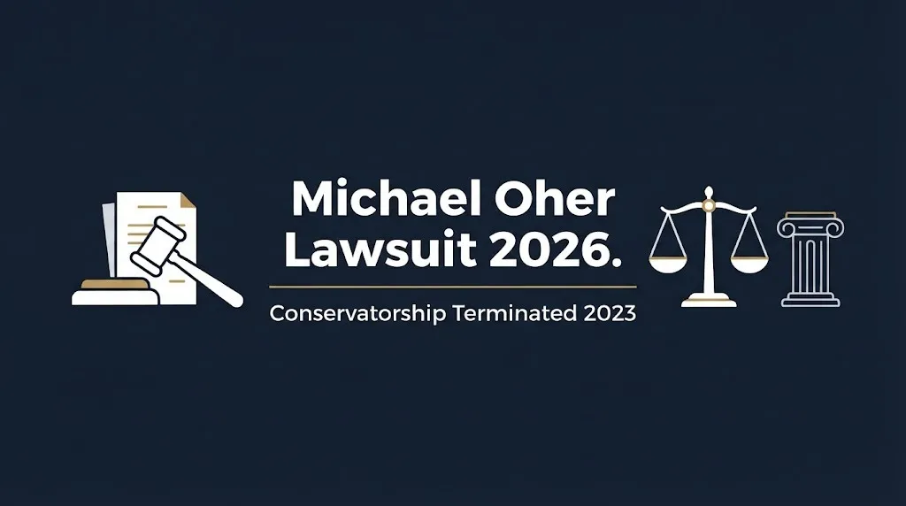 Michael Oher lawsuit 2026 hero banner with conservatorship terminated fact and legal symbols on navy background.