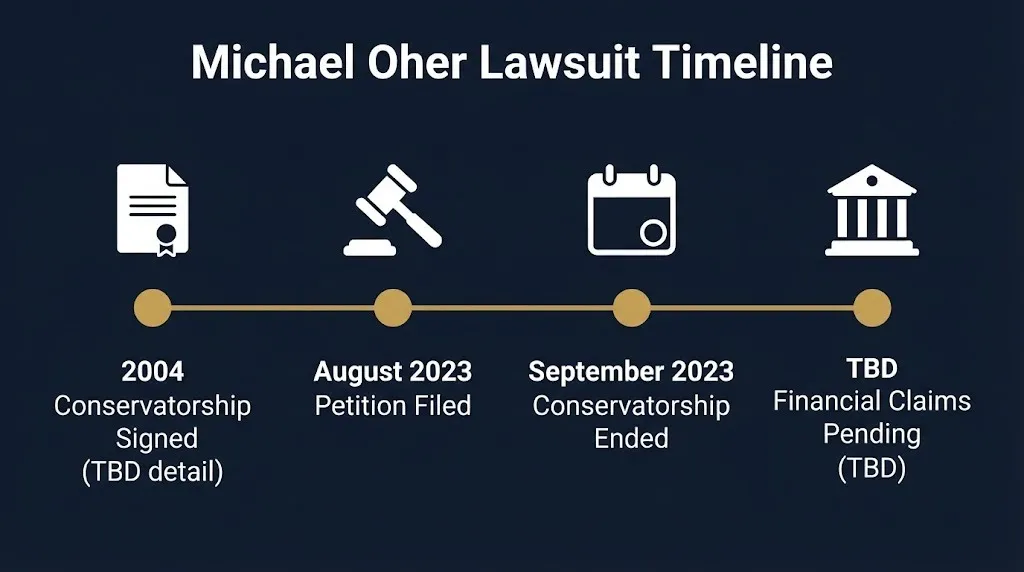 Michael Oher lawsuit timeline showing 2004 conservatorship, 2023 petition, and pending financial claims.