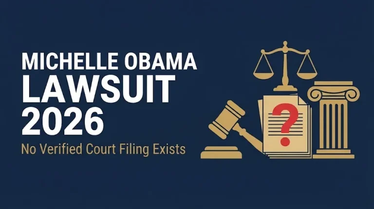 Michelle Obama lawsuit 2026 headline with gavel and question mark showing no verified court filing exists.