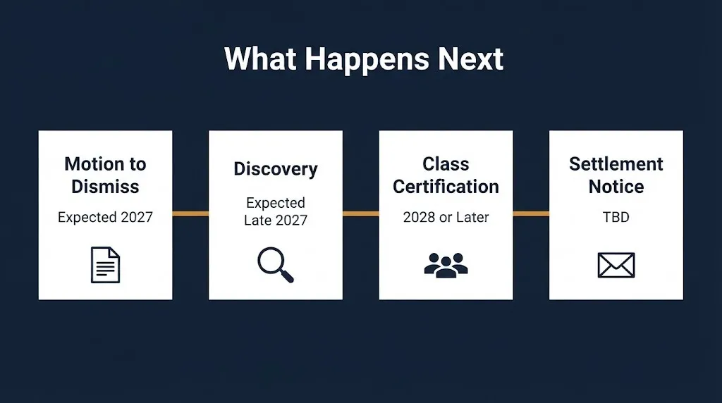 Micro Ingredients lawsuit timeline showing expected stages from 2027 through TBD