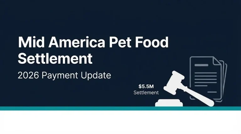 Mid America Pet Food settlement 2026 banner with $5.5M fund and gavel icon.