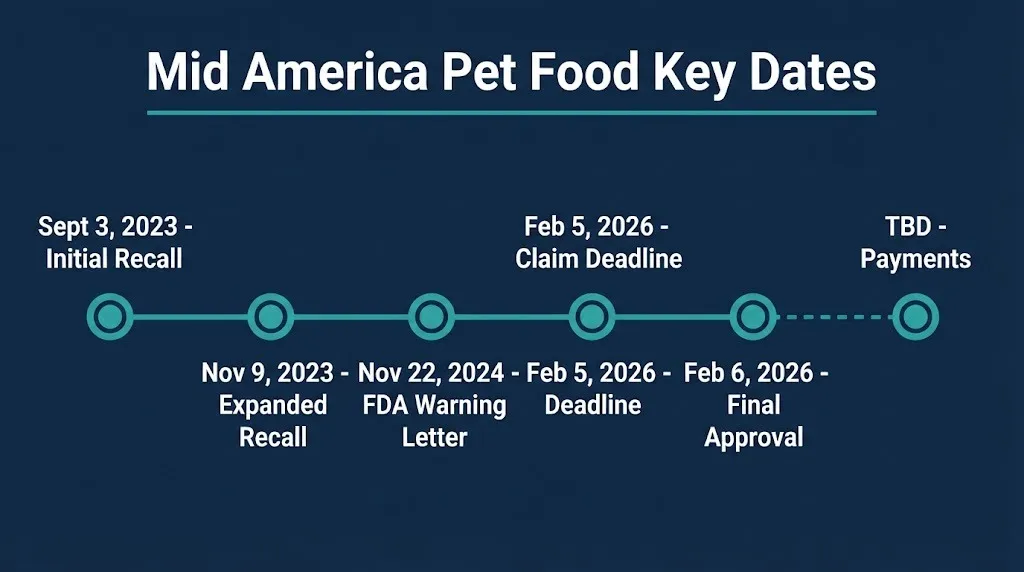 Mid America Pet Food settlement timeline showing key dates from 2023 recall to 2026 approval.