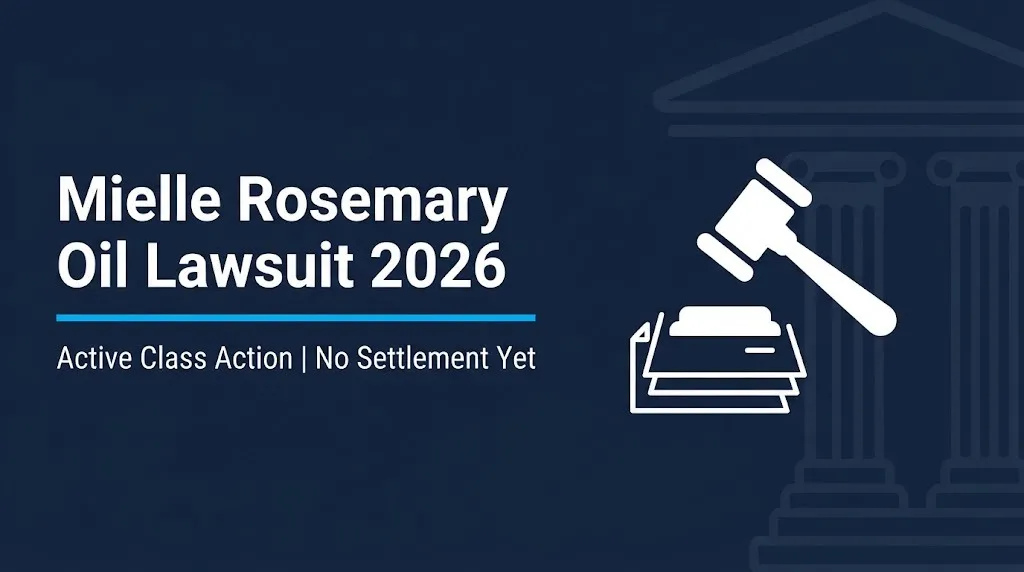 Mielle rosemary oil lawsuit 2026 banner showing active class action and no settlement status.