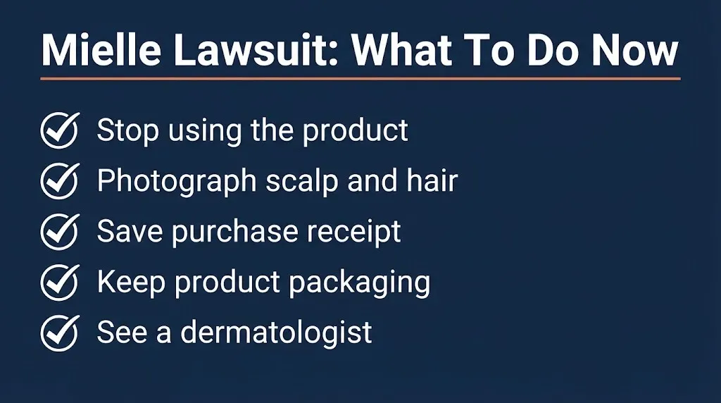 Mielle rosemary oil lawsuit action checklist showing steps to document hair loss and preserve evidence.