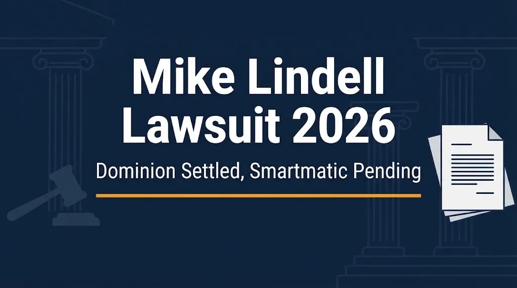 Mike Lindell lawsuit 2026 banner showing Dominion settled and Smartmatic case pending
