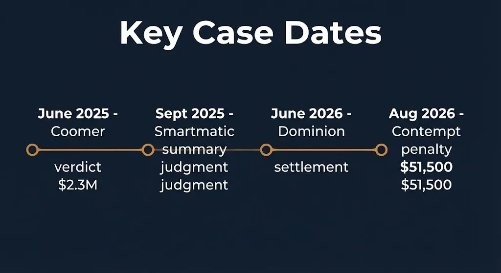 Mike Lindell lawsuit key dates timeline showing Coomer verdict, Smartmatic ruling, Dominion settlement