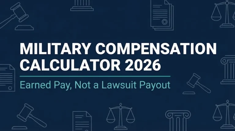 Military compensation calculator 2026 hero banner with gavel and scales symbols.