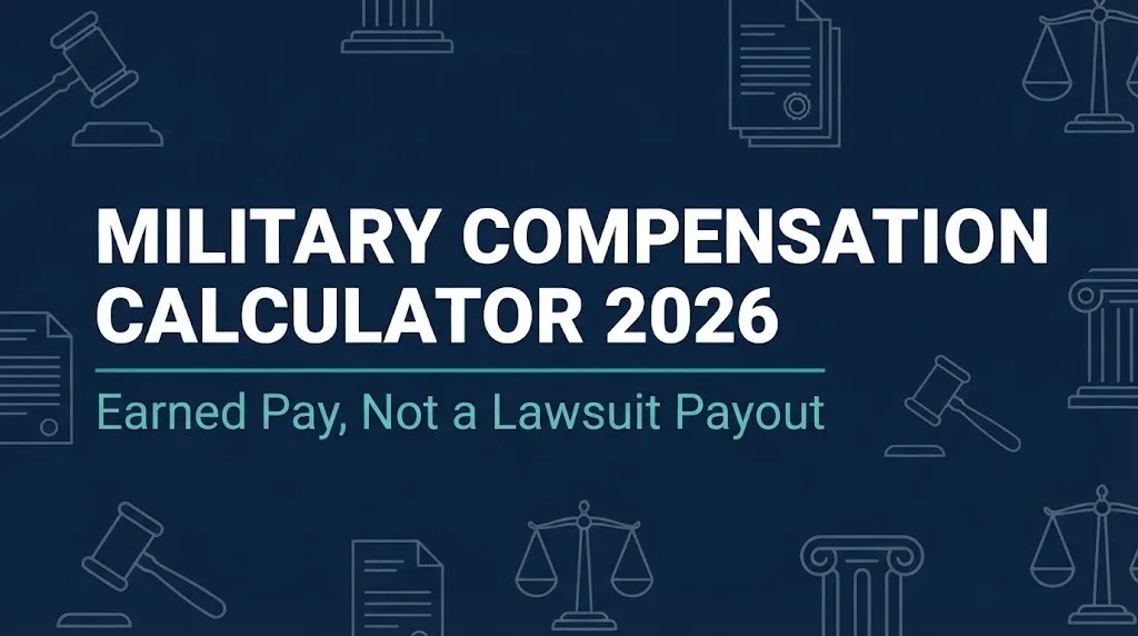 Military compensation calculator 2026 hero banner with gavel and scales symbols.