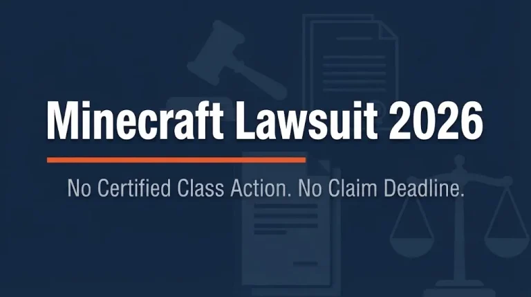 Minecraft lawsuit 2026 status banner showing no certified class action and no claim deadline.