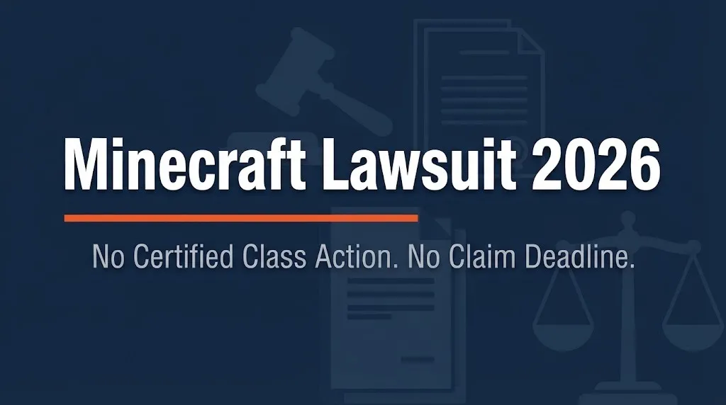 Minecraft lawsuit 2026 status banner showing no certified class action and no claim deadline.