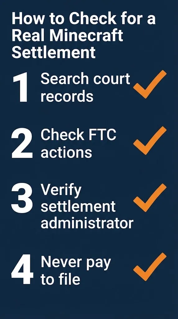 Minecraft settlement verification steps showing court record search, FTC checks, administrator verification, and free filing.