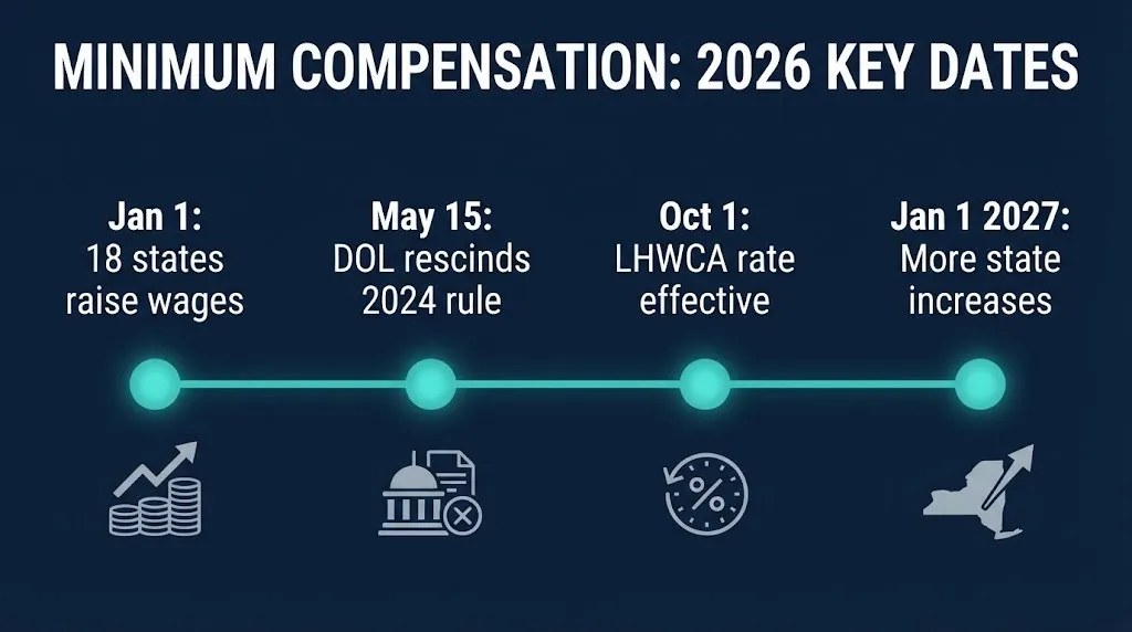 Minimum compensation 2026 timeline showing state wage increases and DOL rule changes
