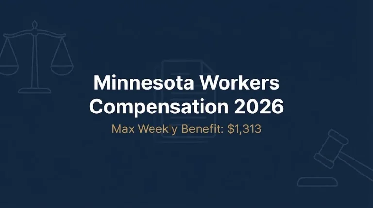 Minnesota workers compensation 2026 hero banner showing max weekly benefit and legal symbols.