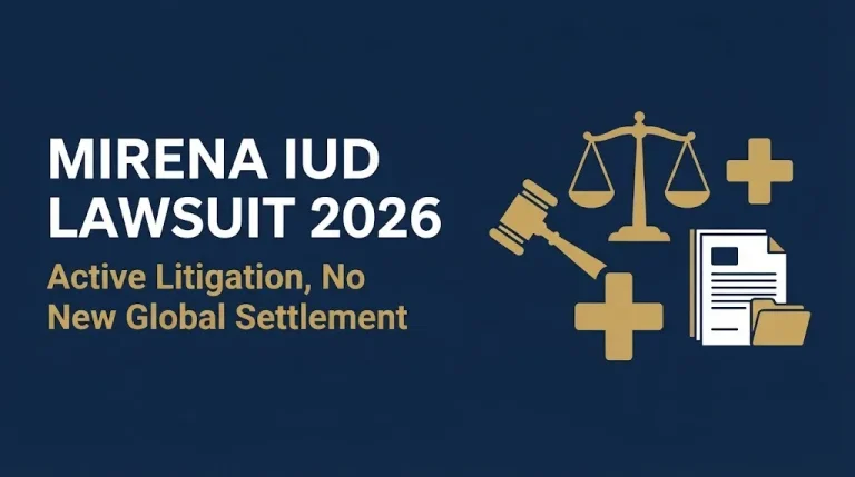 Mirena IUD lawsuit 2026 headline with gavel and medical cross showing active litigation with no new global settlement.