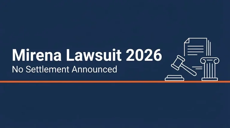 Mirena lawsuit 2026 banner showing no settlement announced with gavel and courthouse outline graphics.