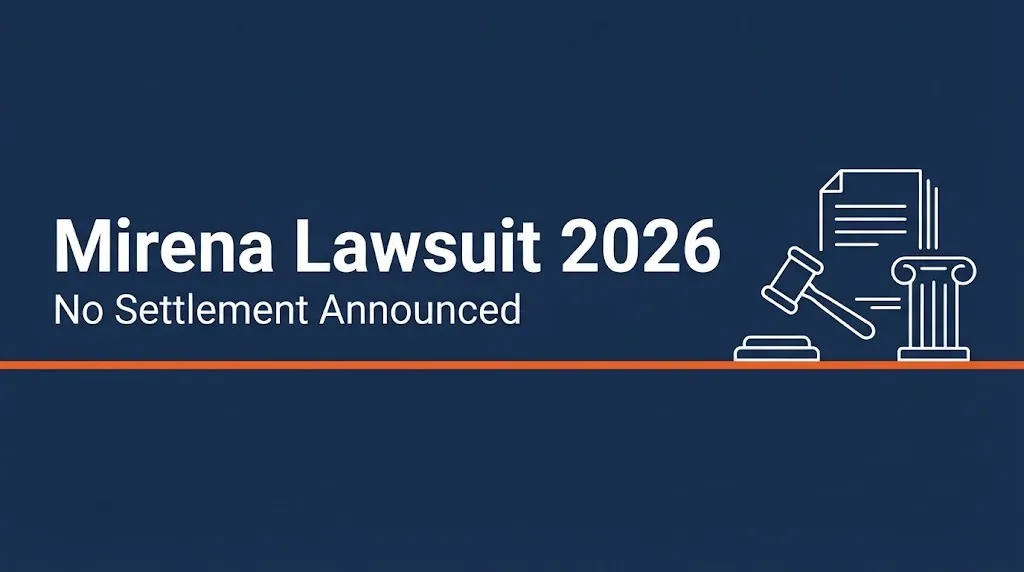 Mirena lawsuit 2026 banner showing no settlement announced with gavel and courthouse outline graphics.
