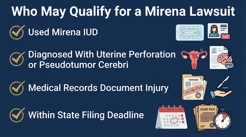 Mirena lawsuit eligibility checklist showing device use, injury diagnosis, medical records, and filing deadline.