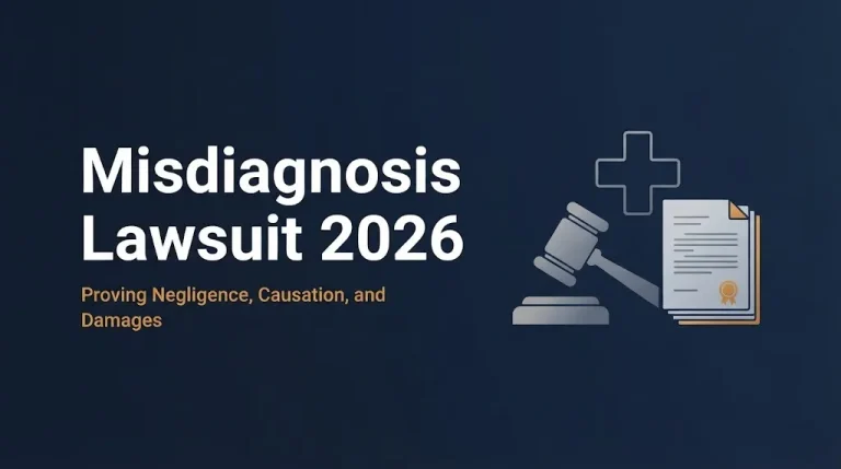 Misdiagnosis lawsuit 2026 banner showing gavel, medical cross, and document graphics.