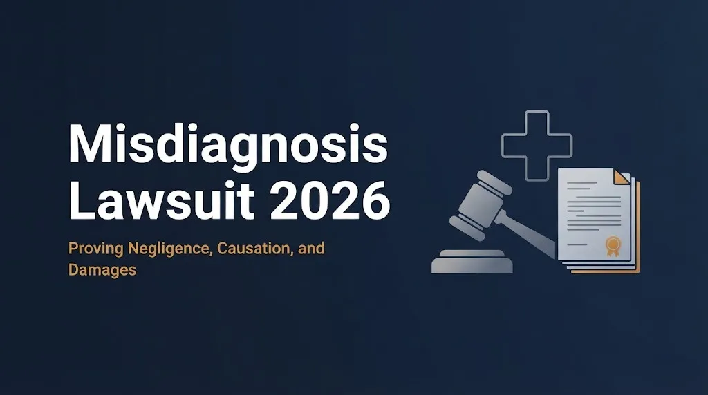 Misdiagnosis lawsuit 2026 banner showing gavel, medical cross, and document graphics.