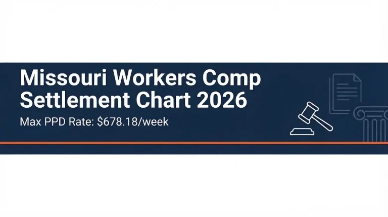 Missouri workers comp settlement chart 2026 banner with max PPD rate of $678.18 per week and gavel graphic.