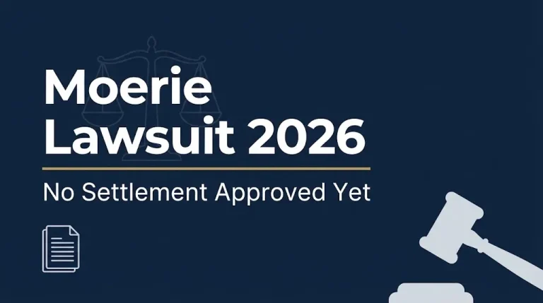 Moerie lawsuit 2026 hero banner with navy background and gavel silhouette, noting no settlement approved yet.
