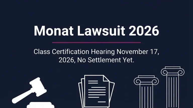 Monat lawsuit 2026 banner showing class certification hearing November 17 2026 and no settlement yet.