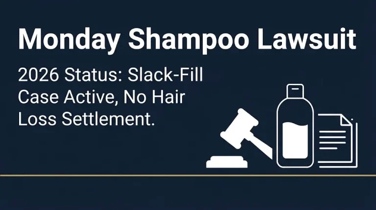 Monday shampoo lawsuit 2026 hero banner with gavel and shampoo bottle fill-level icon on navy background.