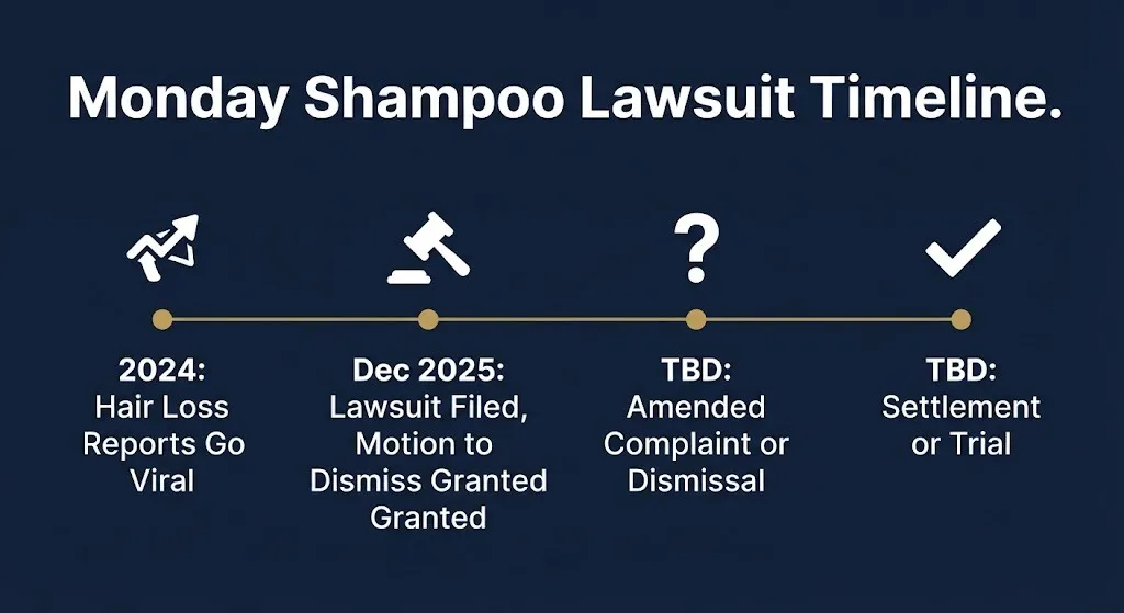 Monday shampoo lawsuit timeline graphic showing key dates from 2024 viral reports to TBD settlement.