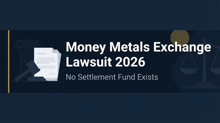 Money Metals Exchange lawsuit 2026 banner showing no settlement fund exists and legal news design.