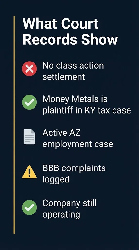 Money Metals Exchange lawsuit fact checklist showing no settlement and active litigation status.