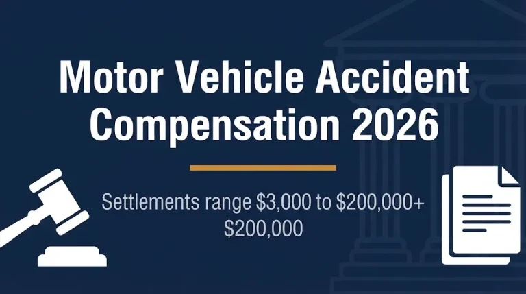 Motor vehicle accident compensation 2026 banner showing settlement range and legal symbols.