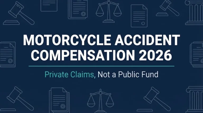 Motorcycle accident compensation 2026 hero banner with gavel and scales symbols.