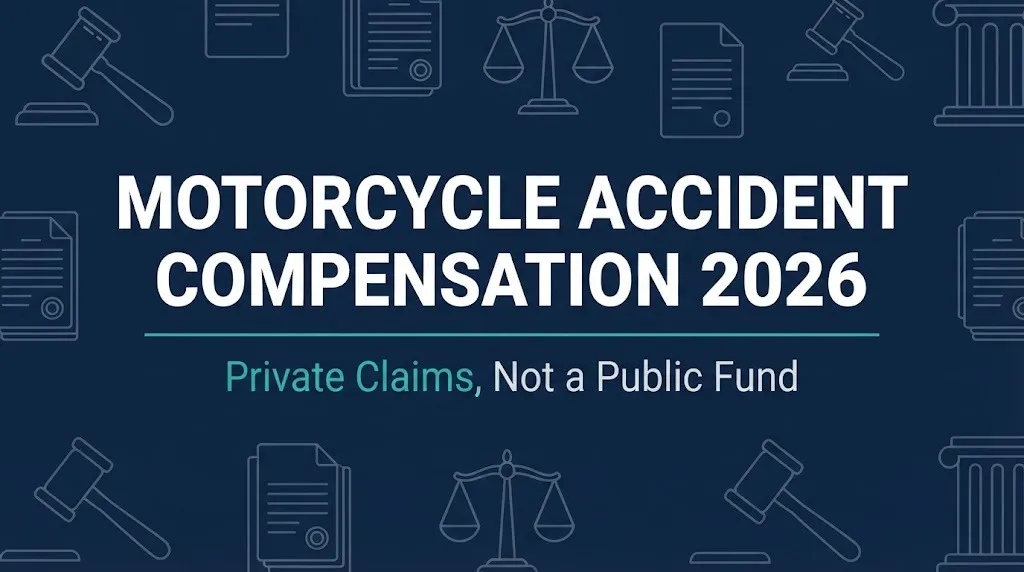 Motorcycle accident compensation 2026 hero banner with gavel and scales symbols.