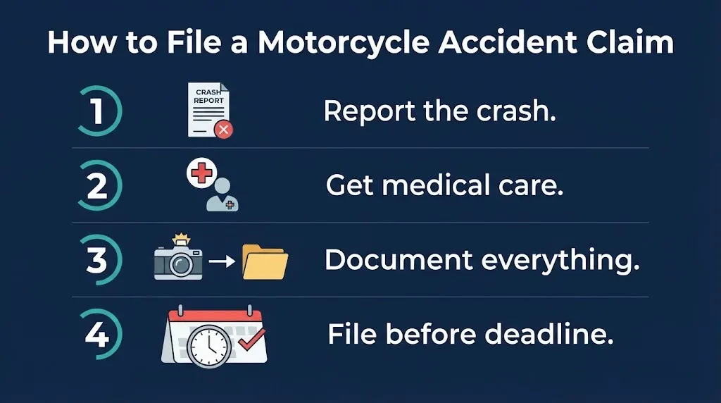 Motorcycle accident compensation claim steps showing report, medical care, documents, and deadline.