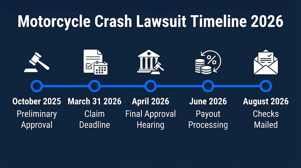 Motorcycle crash lawsuit 2026 timeline showing October 2025 approval through August 2026.
