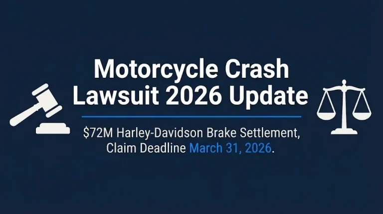 Motorcycle crash lawsuit 2026 update banner showing $72 million Harley-Davidson settlement and March 31, 2026 claim deadline.