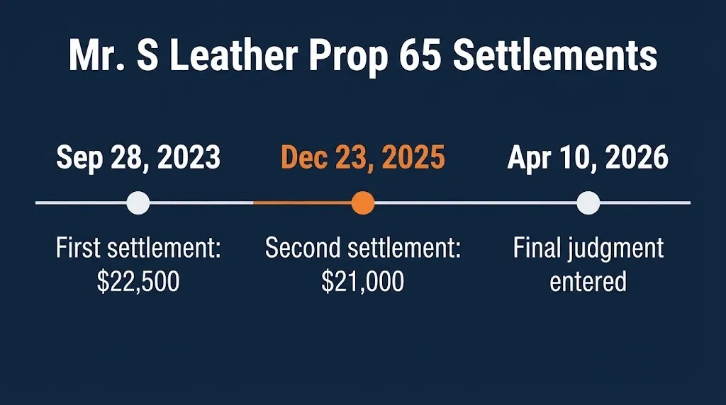 Mr S Leather Prop 65 settlement timeline showing 2023 and 2025 settlements and 2026 judgment.