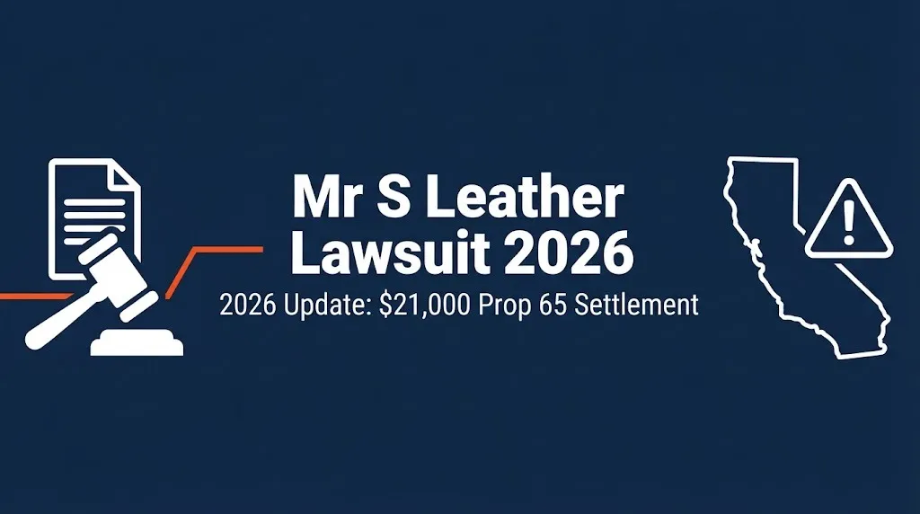 Mr S Leather lawsuit 2026 banner with gavel icon and $21,000 settlement notice.
