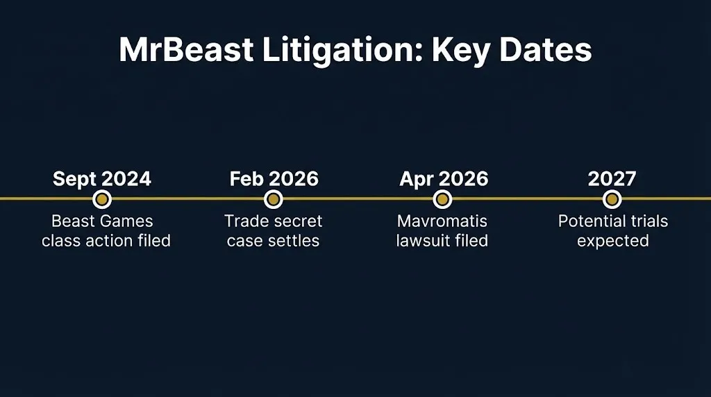 MrBeast litigation timeline showing Beast Games class action, trade secret settlement, and employment lawsuit.