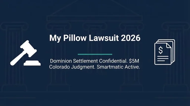 My Pillow lawsuit 2026 banner showing gavel and documents with settlement and judgment facts