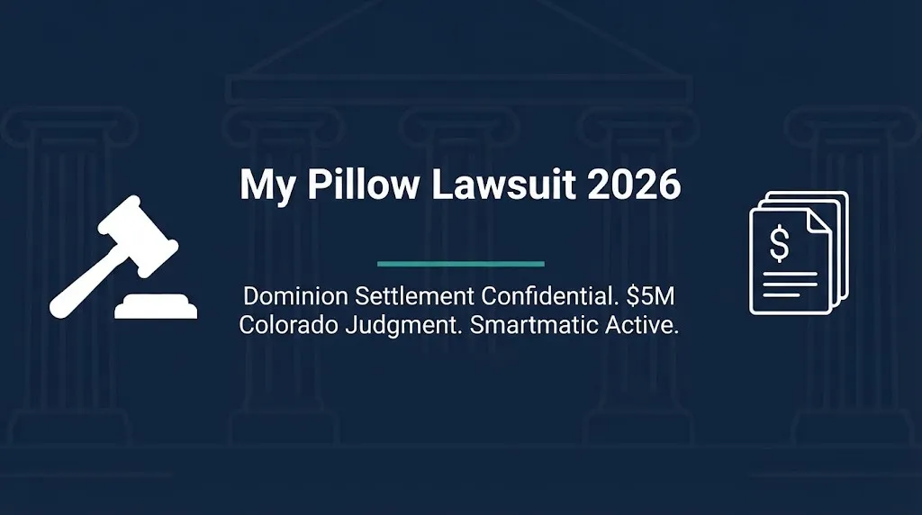 My Pillow lawsuit 2026 banner showing gavel and documents with settlement and judgment facts