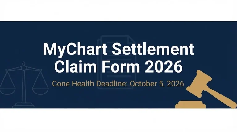 MyChart settlement claim form 2026 hero banner showing Cone Health deadline and legal symbols.