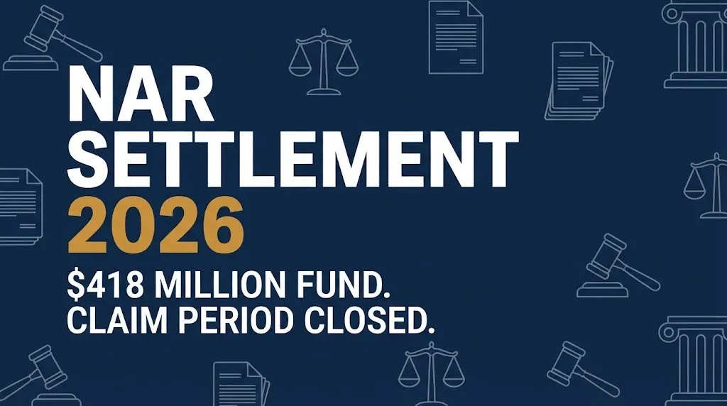 NAR settlement 2026 status showing 418 million dollar fund and closed claim period.