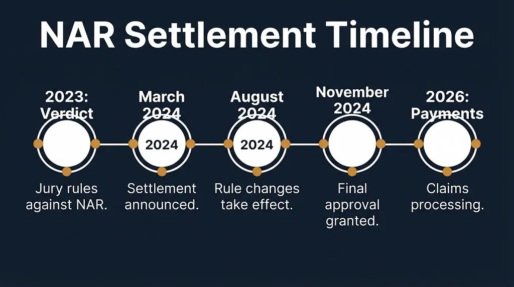 NAR settlement timeline showing verdict, rule changes, final approval, and 2026 payments.